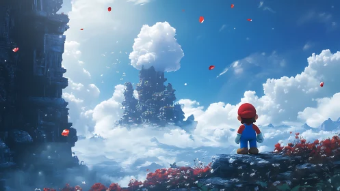 Tiny hero gazes toward a floating cloud kingdom of wonders.