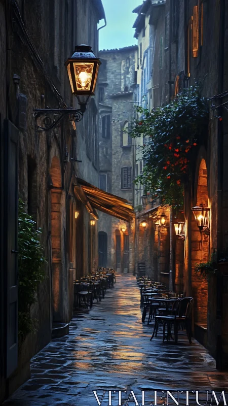 Wet cobblestone alleyway shows lamplit café terraces in dusk rain