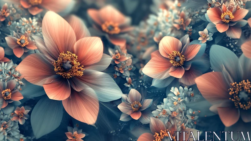 Coral Blooms Against Teal Foliage Garden.