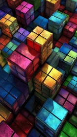 Stacked multicolored cubic blocks in dense geometric cluster.