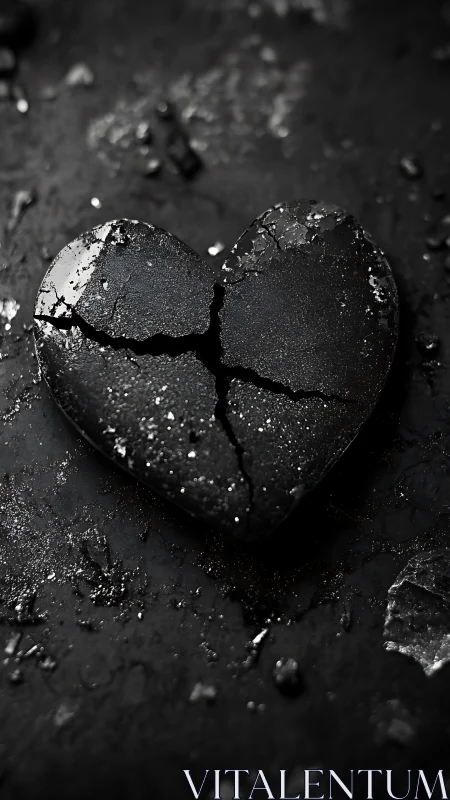Cracked matte black stone heart on textured dark ground