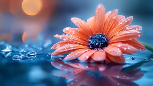 Soft coral daisy resting on water with gentle raindrops.