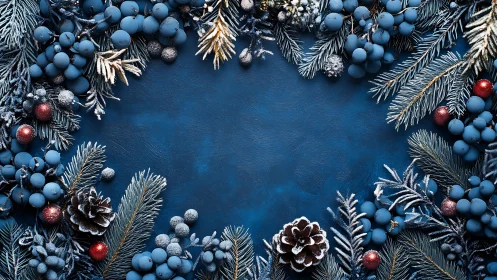 Frosted blue winter wreath frame surrounds empty navy center