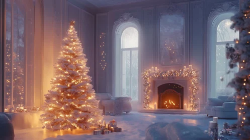 Snowy indoor Christmas tree near lit fireplace at night.