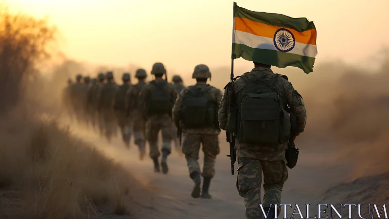 Indian soldiers marching in desert terrain at sunrise.