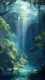 Lush vertical canyon waterfall with luminous teal river flow.