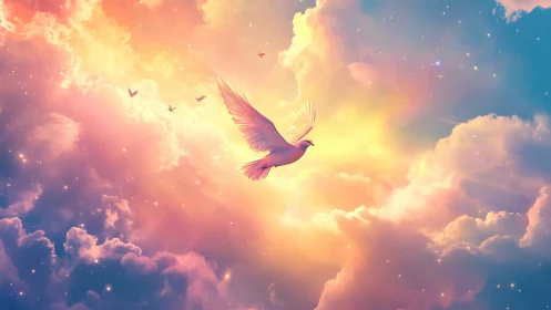 White dove soars through luminous pastel celestial clouds.