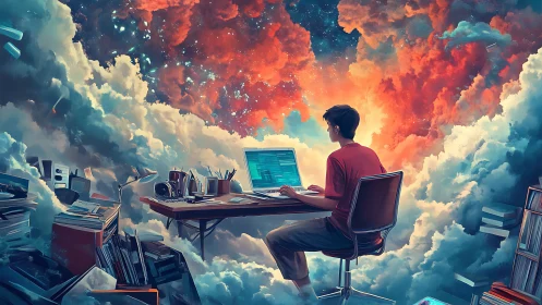 Person works at floating desk amid clouds and cosmic sky