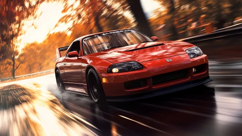 Red tuner car drifts through wet autumn forest road.