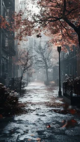 Rainy city street lined with autumn trees and soft fog.