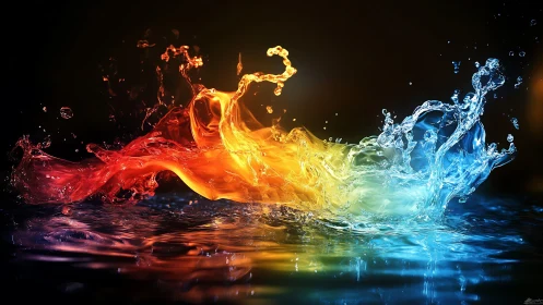 Tri-color liquid splash forms dynamic arc across water