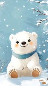 Polar bear cub illustration in snowy winter landscape.