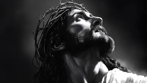 Crowned male figure in chiaroscuro profile with dramatic uplight