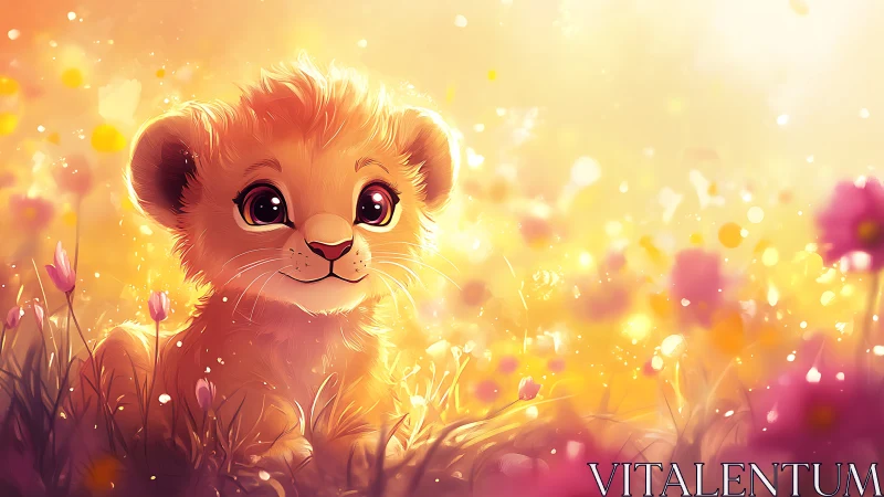 Sunlit lion cub in dreamy flower meadow glow.