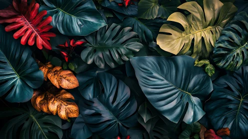 Tropical monstera leaves glow with deep jewel tones.