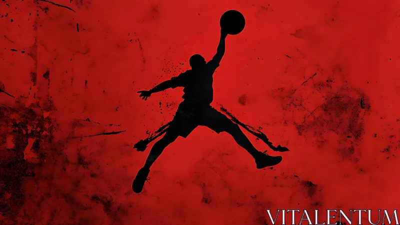 Silhouette of basketball player dunking on red grunge background.