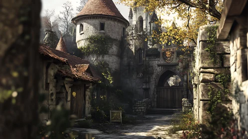 Sunlit castle courtyard wrapped in ivy and quiet stories.