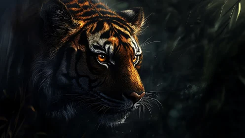 Digital tiger portrait in shadowed forest environment.