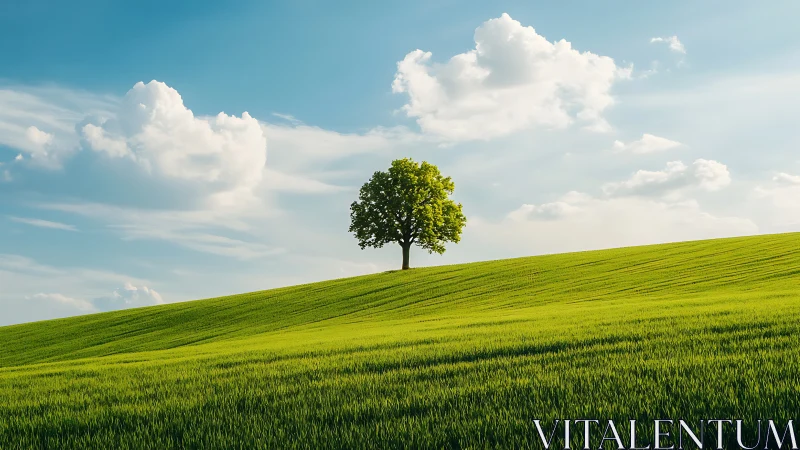 Lone Tree on Rolling Green Hill Under Bright Sky, Landscape Photo.