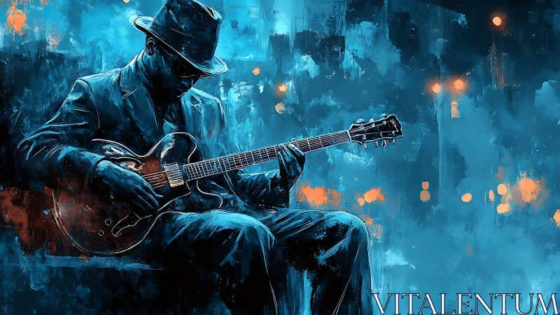 Guitarist in blue urban abstract setting with electric guitar.