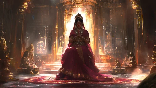 Regal priestess kneels in luminous golden palace hall