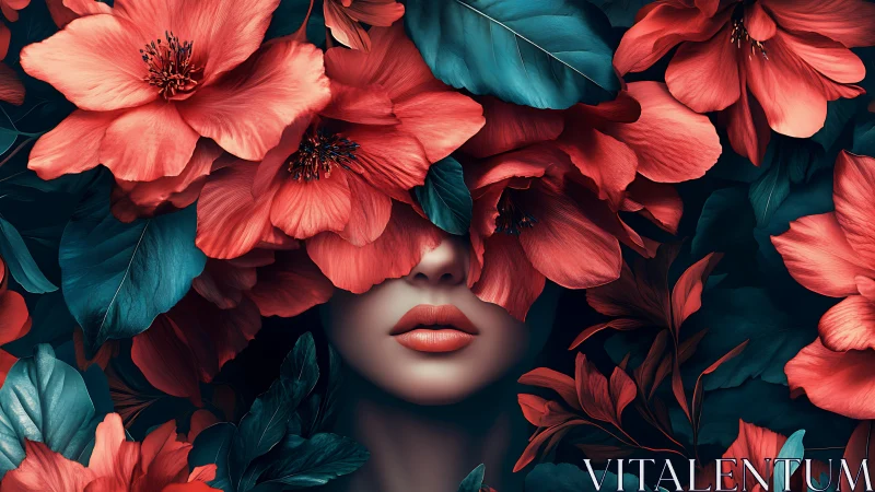 Crimson Bloom Reverie: Portrait Drowned in Scarlet Petals.