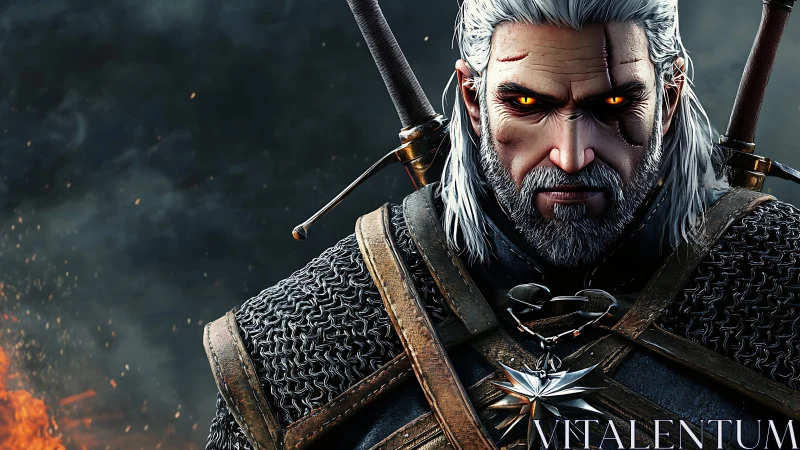 High-detail warrior portrait with chainmail, scarred face and swords