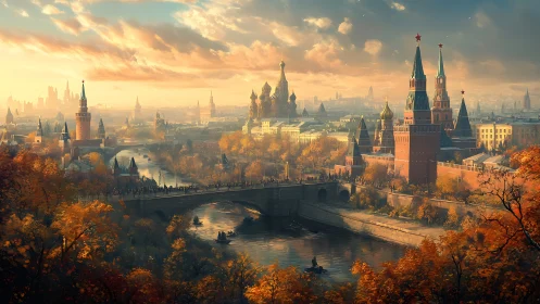 Autumnal cityscape renders river, kremlin towers and sunset