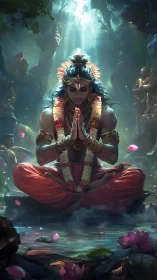 Digital painting of meditating deity in luminous forest sanctum.