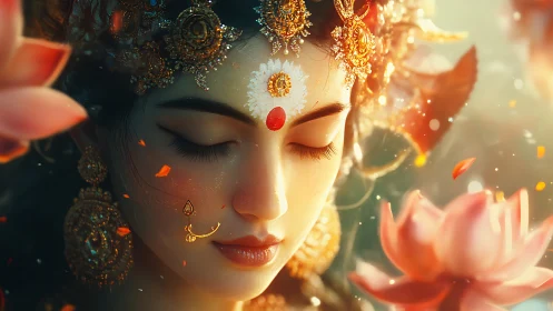 Gentle goddess-like portrait glows amid drifting lotus petals