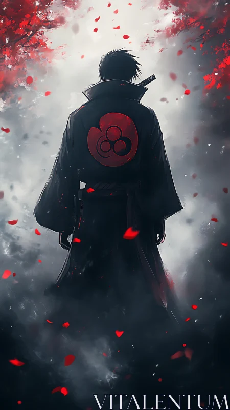 Solitary cloaked swordsman in red petal storm, backlit mist
