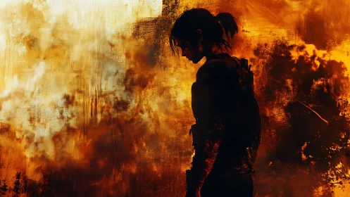Silhouetted figure confronting intense inferno with dramatic backlighting.