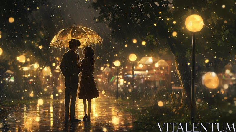Rain-soaked lovers stand beneath a glowing umbrella at night.