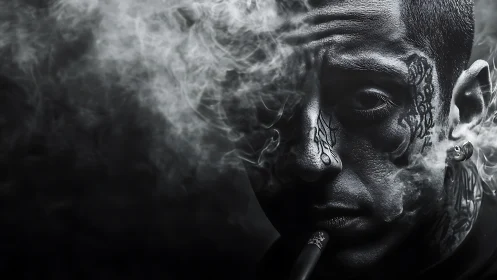 Tattooed man exhales swirling smoke in dramatic shadowed portrait.