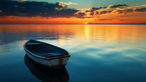 Moored wooden rowboat on glassy lake under vivid sunset sky