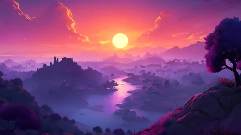 Vibrant fantasy valley river at sunset with distant town.