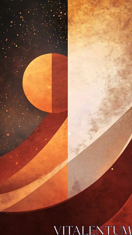 Abstract sun and orbit shapes glow in warm cosmic space