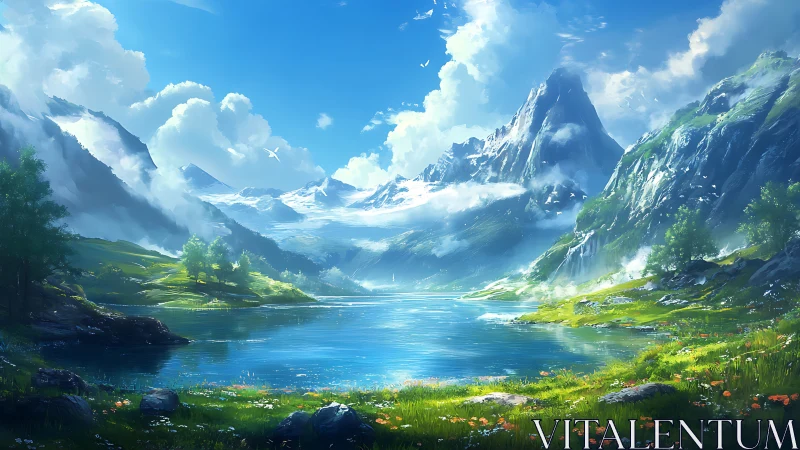 Mountain lake landscape with clouds and reflective water.