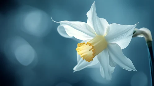 White daffodil with golden trumpet center on blue background.