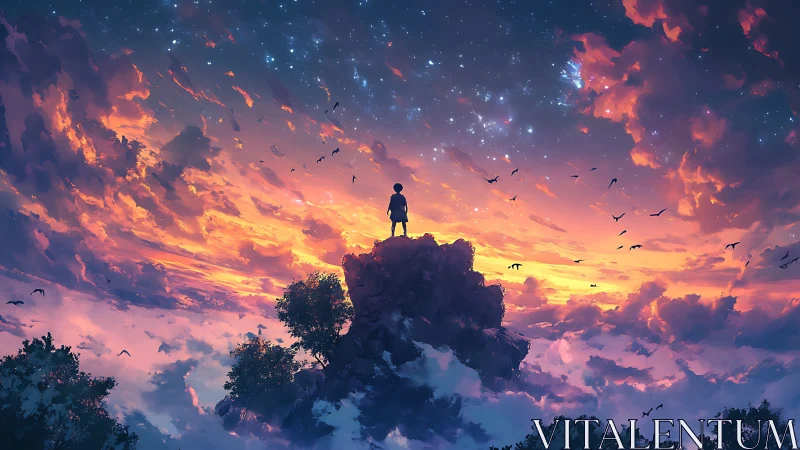 Solitary dreamer atop twilight clouds beneath cosmic sky.