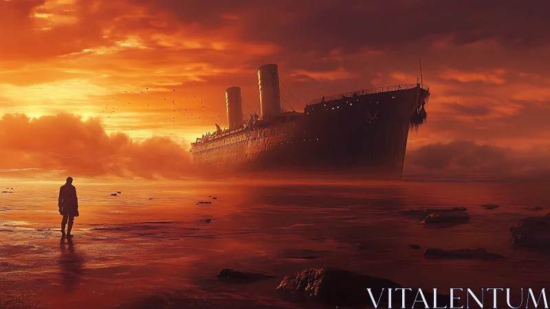 Solitary figure studies rusted ocean liner at burning sunset