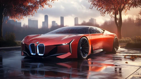 Red BMW concept supercar on wet autumn city street.