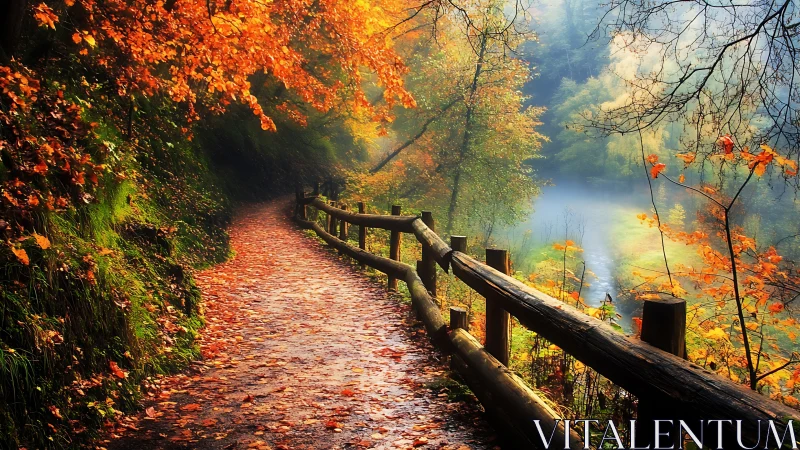 Autumn river gorge pathway with timber railing perspective.