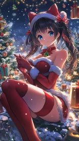 Anime girl in festive Santa outfit under snowy lights.
