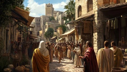 Sunlit ancient market street alive with warm daily chatter.