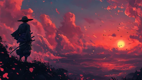 Solitary samurai contemplates a blazing crimson sunset sky.