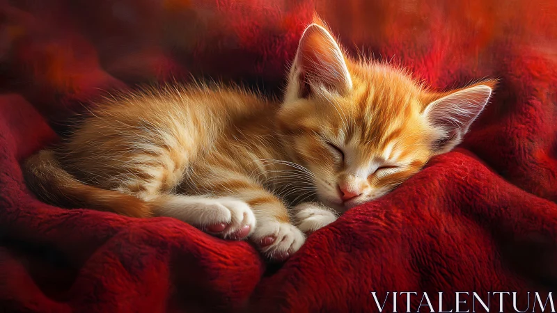 Adorable Tabby Kitten Napping on Cozy Red Blankets