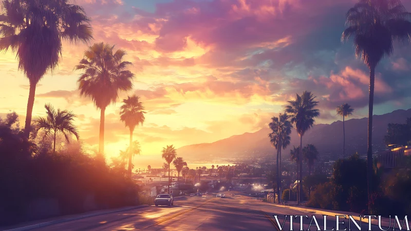 Sunset boulevard descending toward coastal city and bay