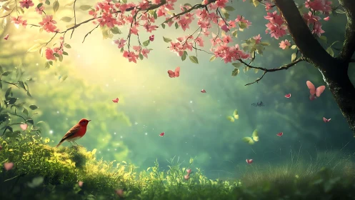 Red bird under cherry blossom tree in dreamy fantasy garden scene.