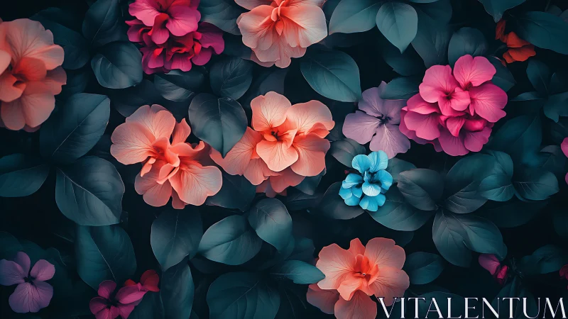 Saturated bloom composition with chiaroscuro botanical arrangement layered overhead view.